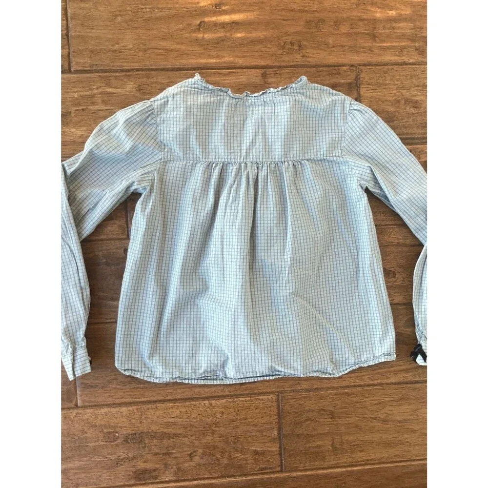 Zara Girls 11-12 Blue Textured Plaid Button Down Long Sleeve Velvet Bows